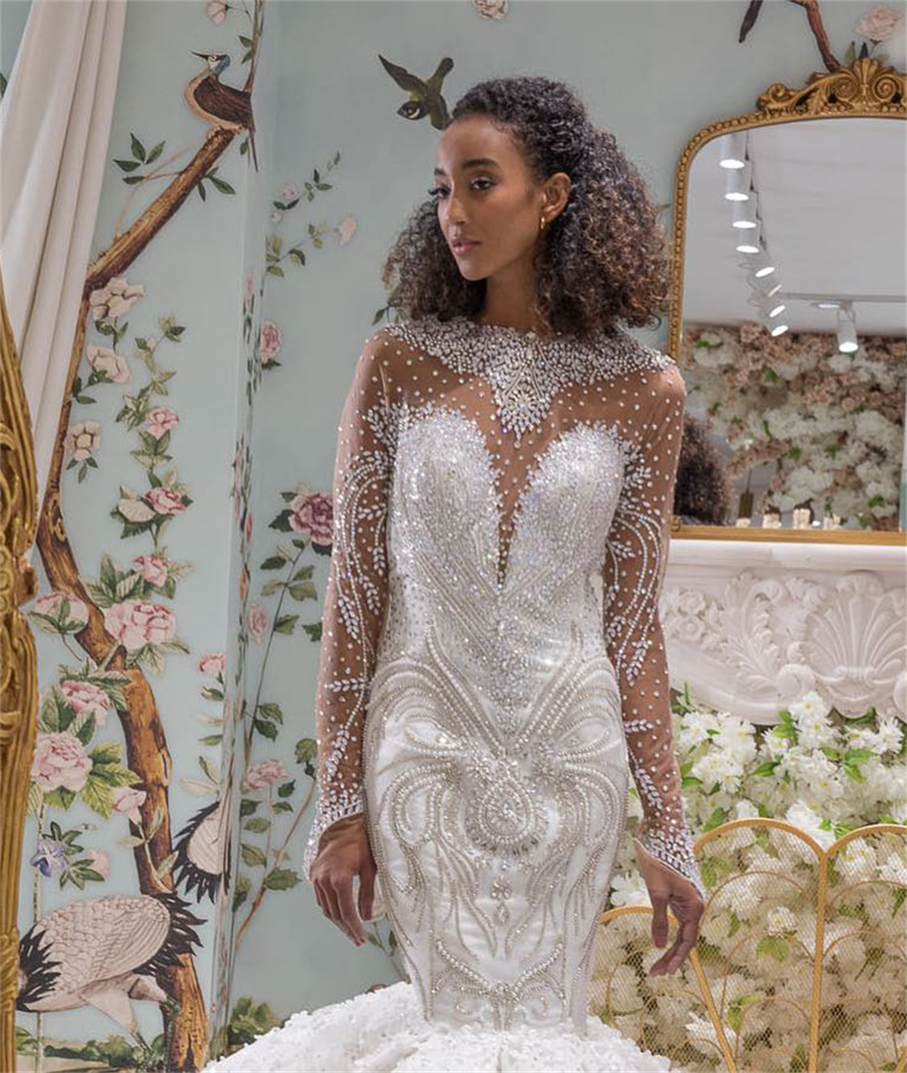 Exquisite Crystal Beading Mermaid Wedding Dress Elegant O Neck Full Sleeve Arabic Trumpet Bridal Gowns Robe De Soiree