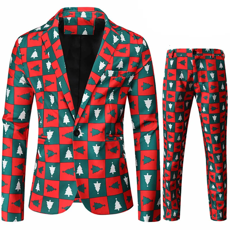 Men's Suits Blazers Red Printed Twopiece Christmas Suit Jacket Pants Stylish Male Blazer Coat with Trousers Black Green Blue S4XL 231128