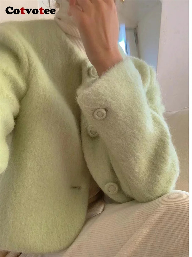 Women's Wool Blends Cotvotee Short Wool Coat for Women Autumn Winter 2023 Fashion Button Up O Neck Jackets Chic Long Sleeve Solid Casual Coats 23
