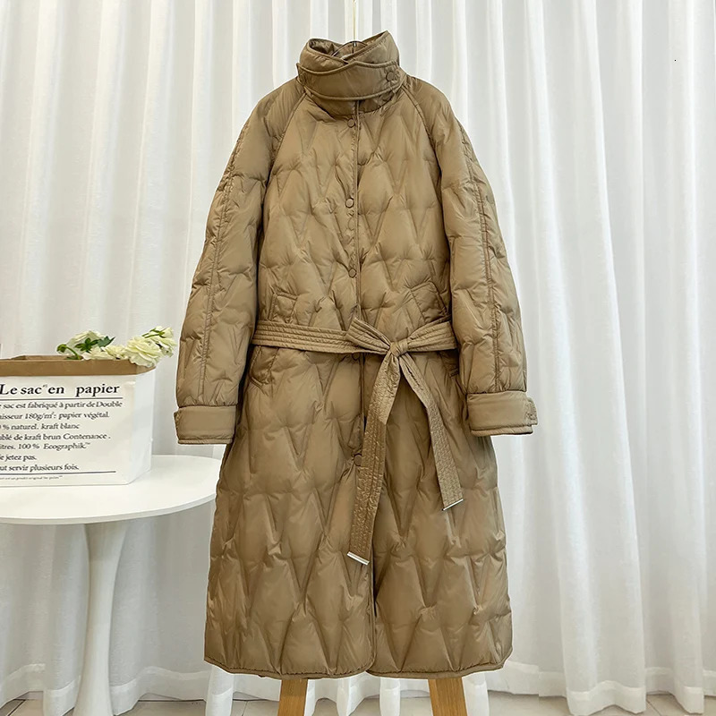 Womens Down Parkas Long white duck down jacket for women in winter fashion trend with pressure glue and waistband showing a slimmin 231129