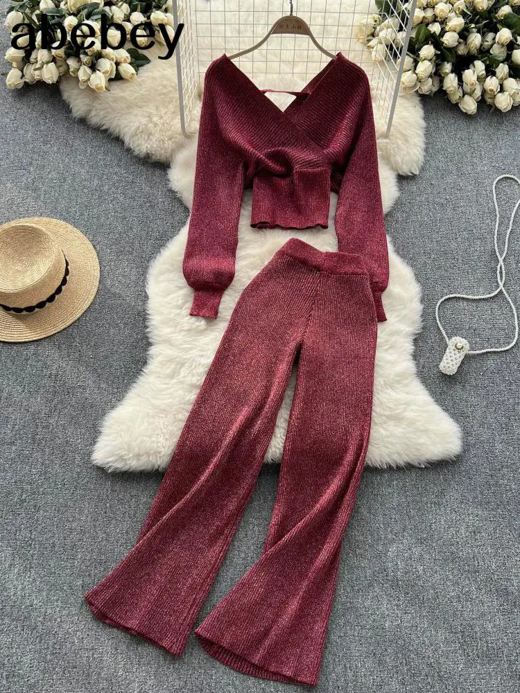 Womens Two Piece Pants Elgant Fashion Sparkling Knitted Set Autumn and Winter Vneck Bat Sleeve Sweater TopElastic Wide Leg 231129