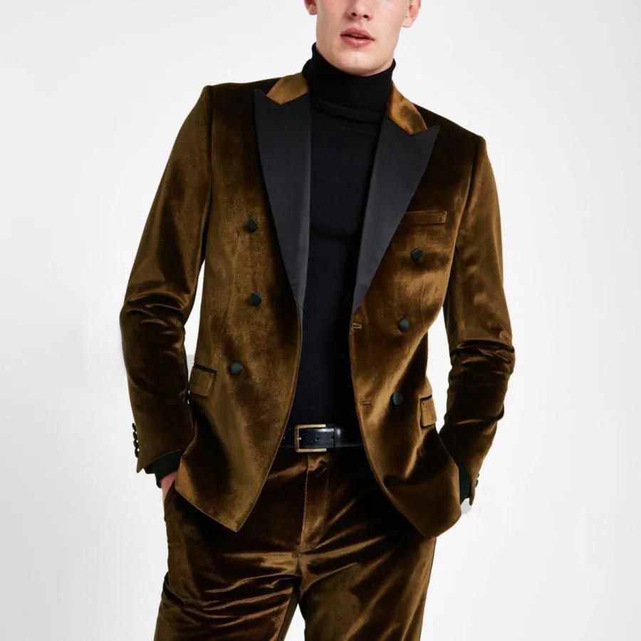 Fashion Veet Wedding Tuxedos 2 Pieces Sets Mens Suits Peaked Lapel Blazers Double Breasted Formal Suit With Jacket And Pants