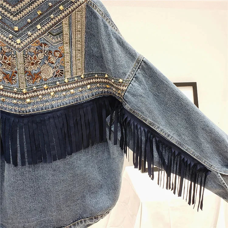 Women s Jackets Embroidered Fringed Denim Jacket Women Oversized Rivets Tassel Jeans Coats Urban Gypsy Stylish Outfit 231129