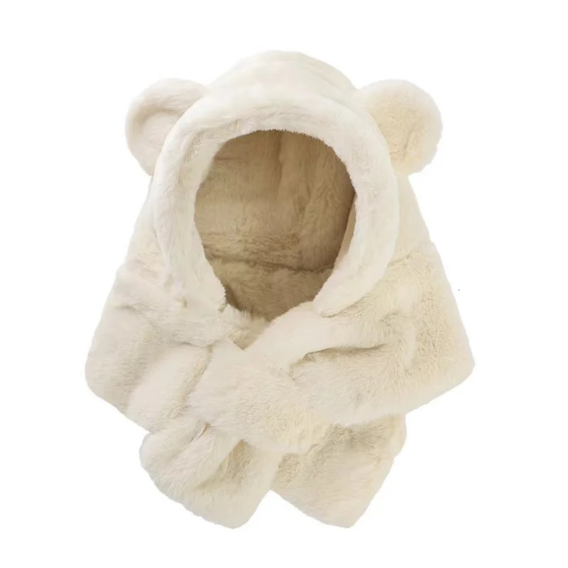 Beanie/Skull Caps Winter Baby Hat Scarf Faux Fur Kids Hats Cartoon Bear Warm Neck Ear Cap for Boys Girls Windproof Beanies Infant Stuffs 231128
