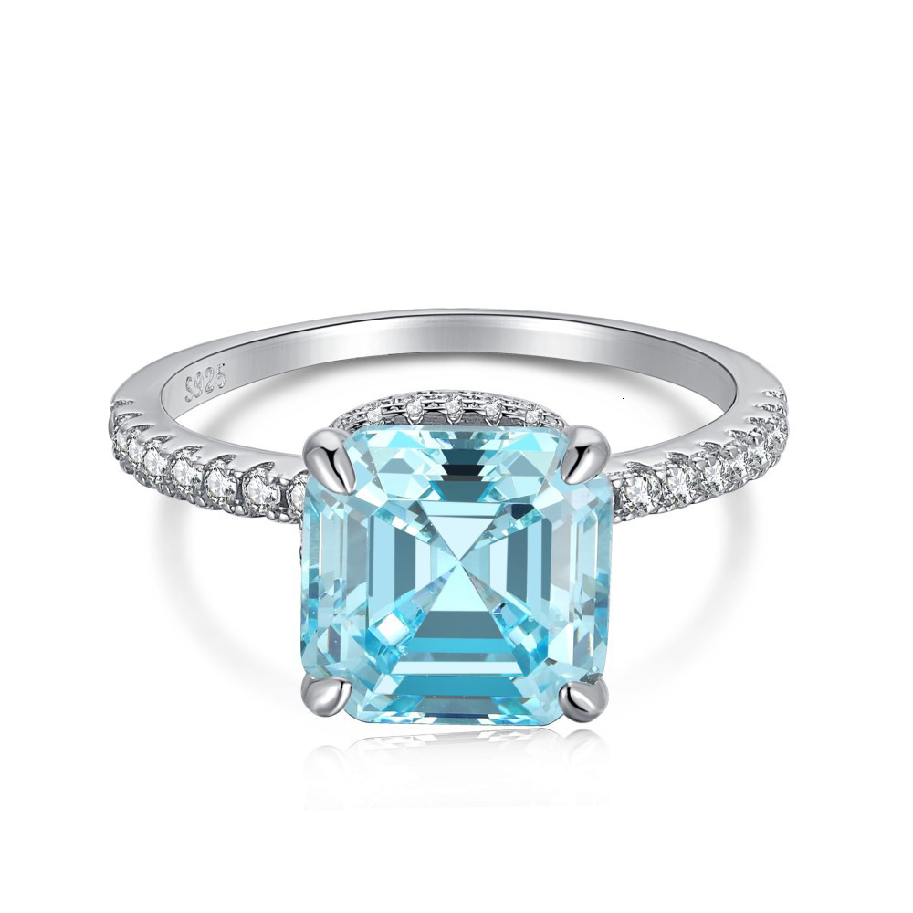 Solitaire Ring Retro 100% 925 Solid Silver 9*9MM Asscher Cut Aquamarine High Carbon Diamond Rings for Women Gemstone Party Fine Jewelry Gifts 230428