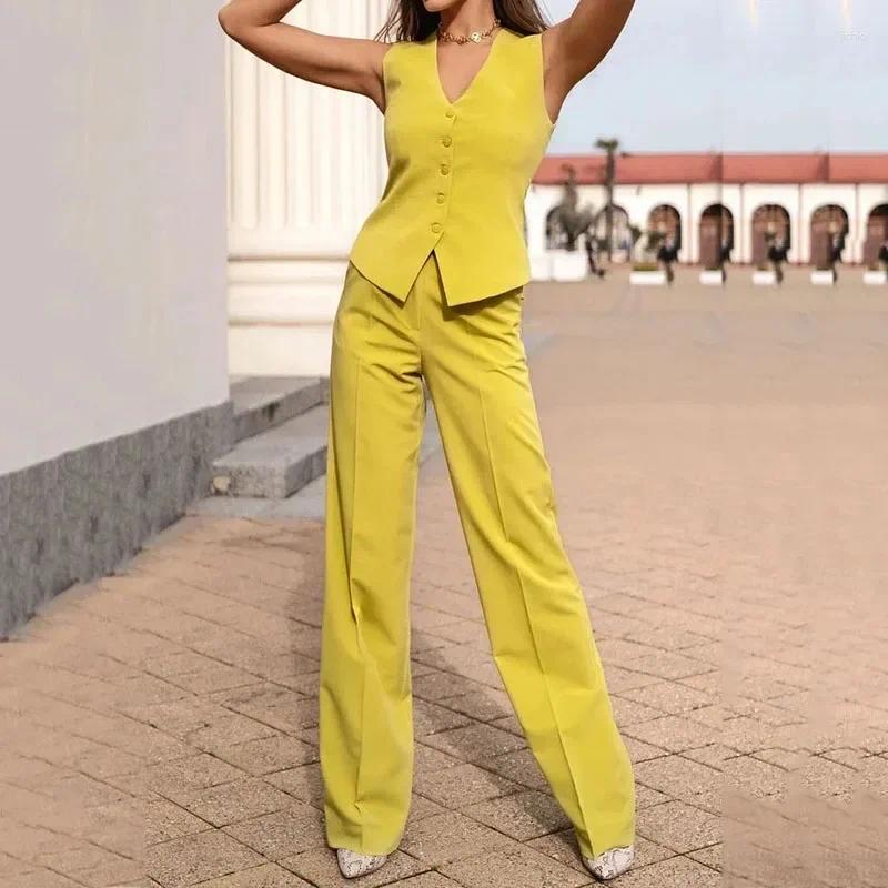 Womens Two Piece Pants Women Set Fashion Casual Solid V Neck Sleeveless Top Loose With Pockets Pencil Sets High Streetwear