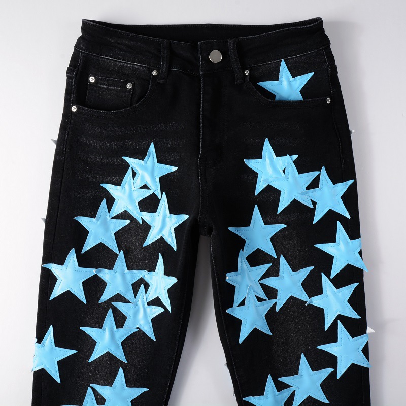 Men high street skin star embroidery washed cotton amiryes black hole jean