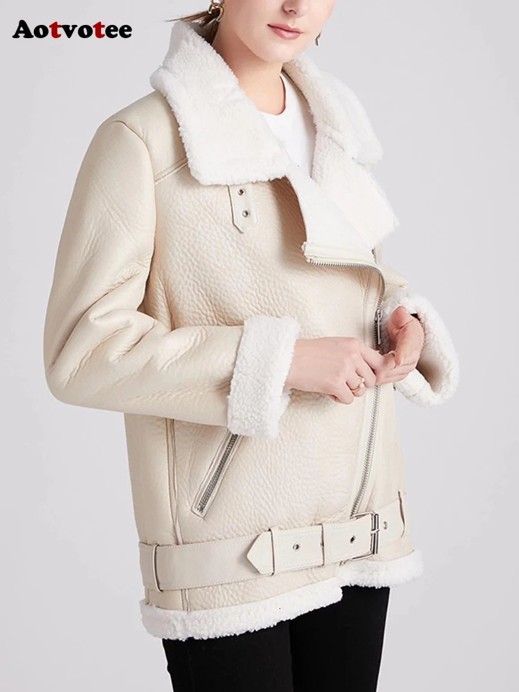 Womens Leather Faux Aotvotee Jackets Women Autumn Winter Fashion Turn Down Collar Zipper Jacket Thicken Warm Long Sleeve Chic 231129
