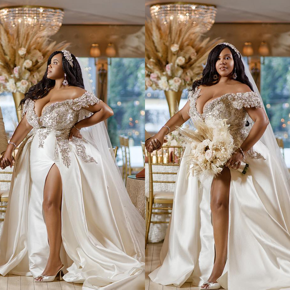Sexy V Neck Mermaid Lace Wedding Dresses with Detachable Train Off the Shoulder Plus Size Arabic Beading Bridal Gowns