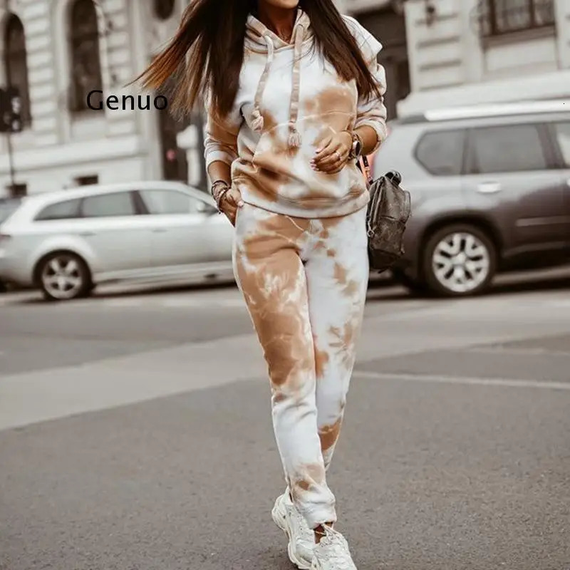 Womens Two Piece Pants 2piece marble tie dye sportswear and hooded sweatpants zippered jogger casual set 231129