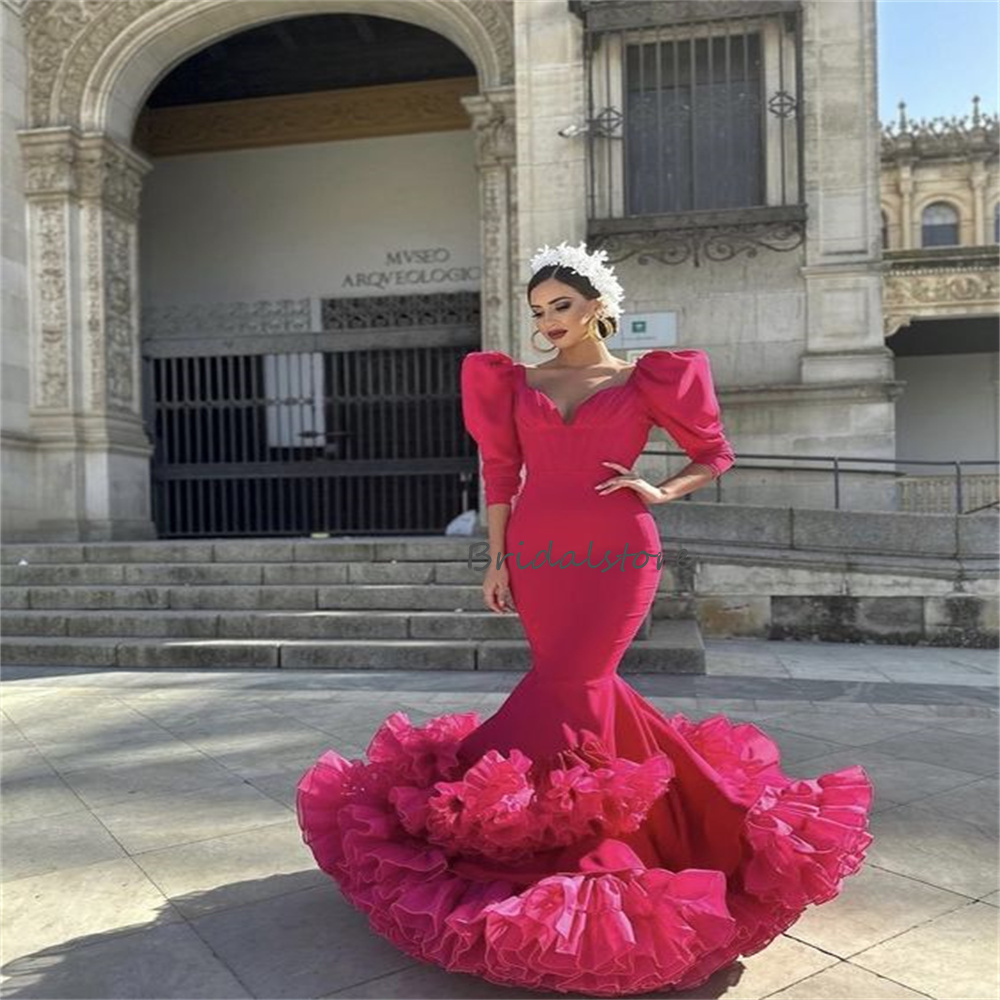 Fuchsia Flamenco Dancer Prom Dress 2023 Elegant Costume Mermaid Evening Gowns With Puff Sleeve Ruffles Engagement Party Ceremony Reception Vestidos De