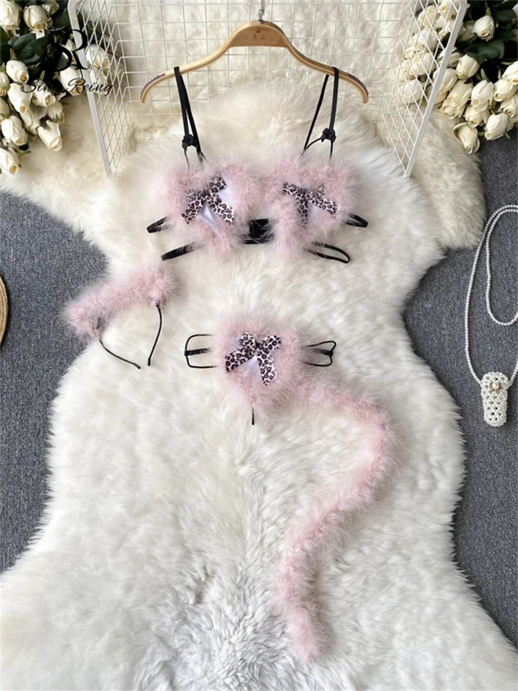 Sexy Set SINGREINY Bow Sweet Erotic Underwear Set Fashion Camis Strapless Slim Shapewear Club Cosplay Uniform Fur Lingerie 231129