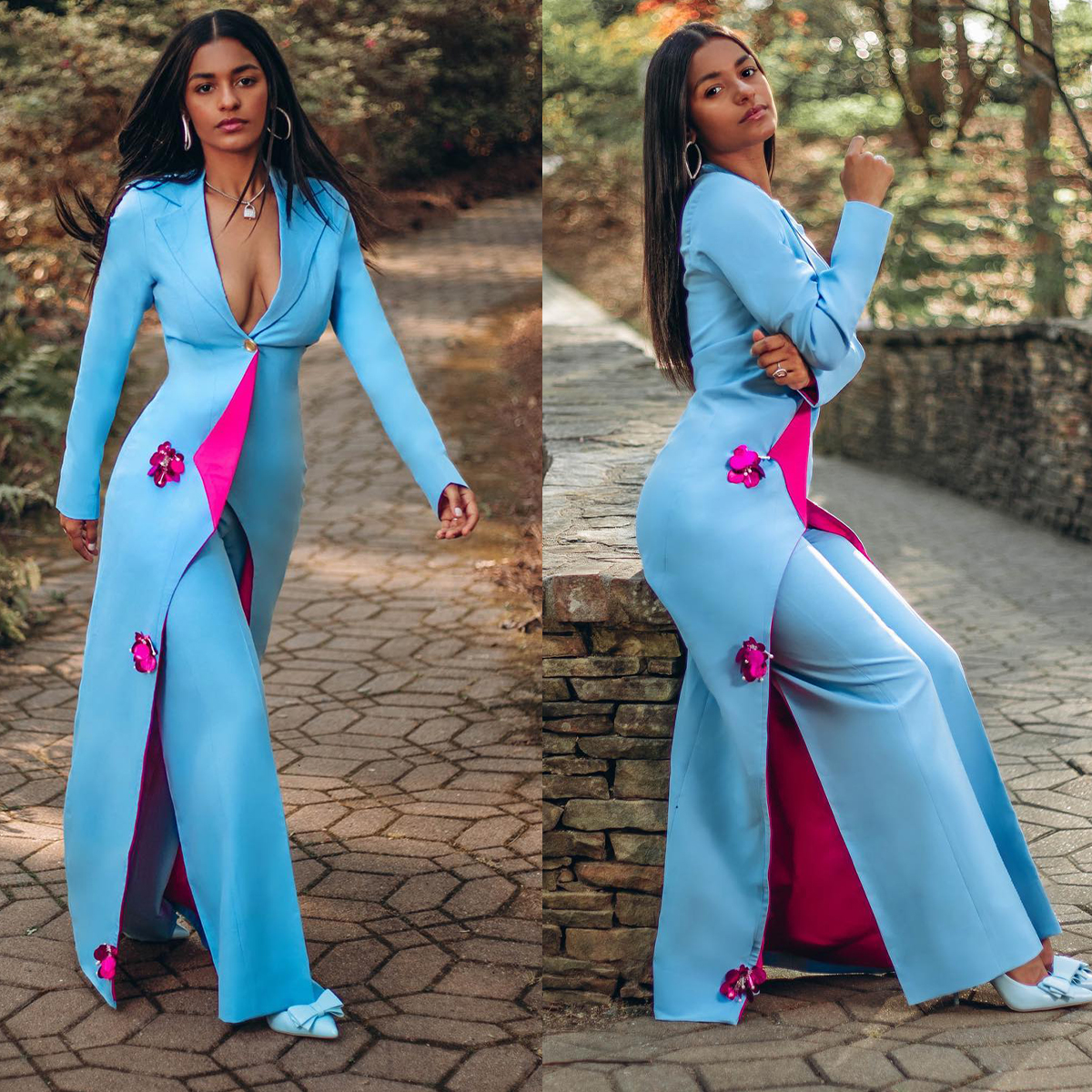 Sky Blue Women Pants Suits Slim Fit 3D Flowers Office Female Streetwear Sportswear Two Pieces Long Jacket Sets