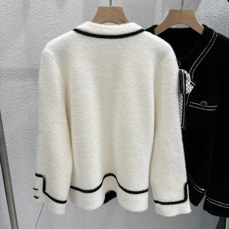 Womens Jackets Solf Mink Plush Sweater Cardigan Korean Elegant Bow Pockets Black Knitted Mujer Fall Winter Clothes Streetwear 231129