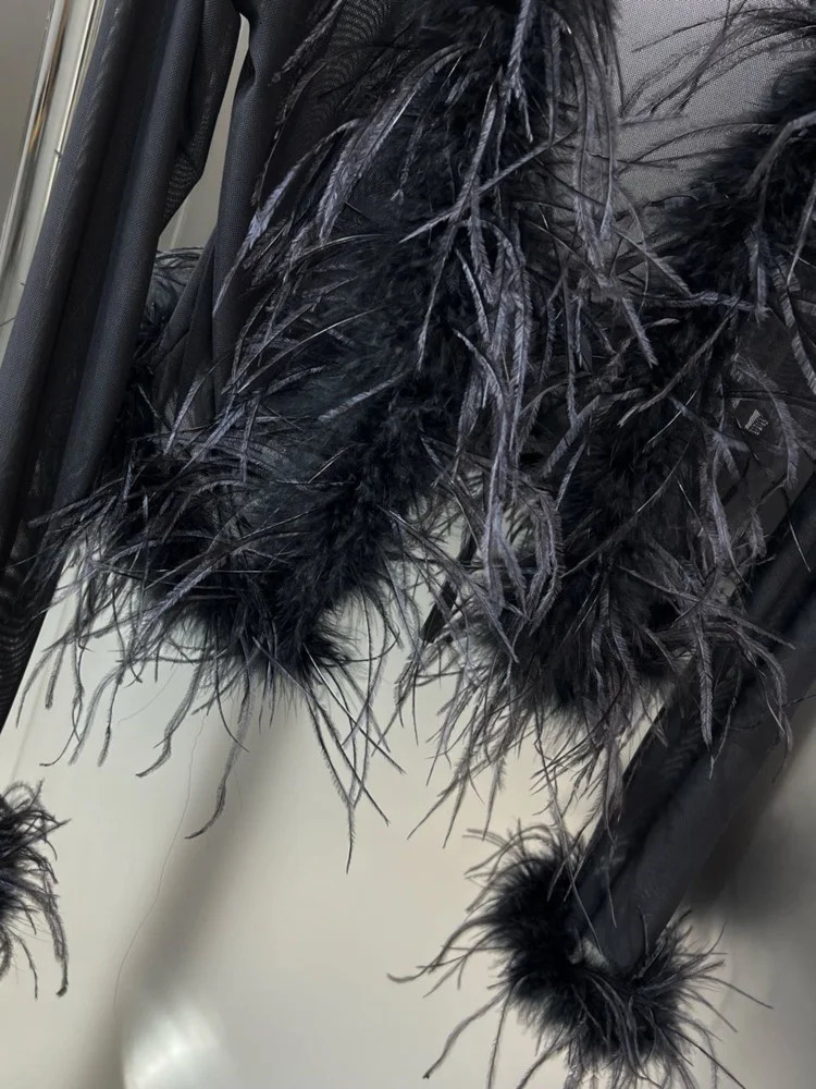 Women s Jackets DEAT 2023 Autumn Fashion Women Clothes Flare Sleeves Feather Spliced Mesh See Throw Sexy Top Cardigan Ffemale WW97001L 231129