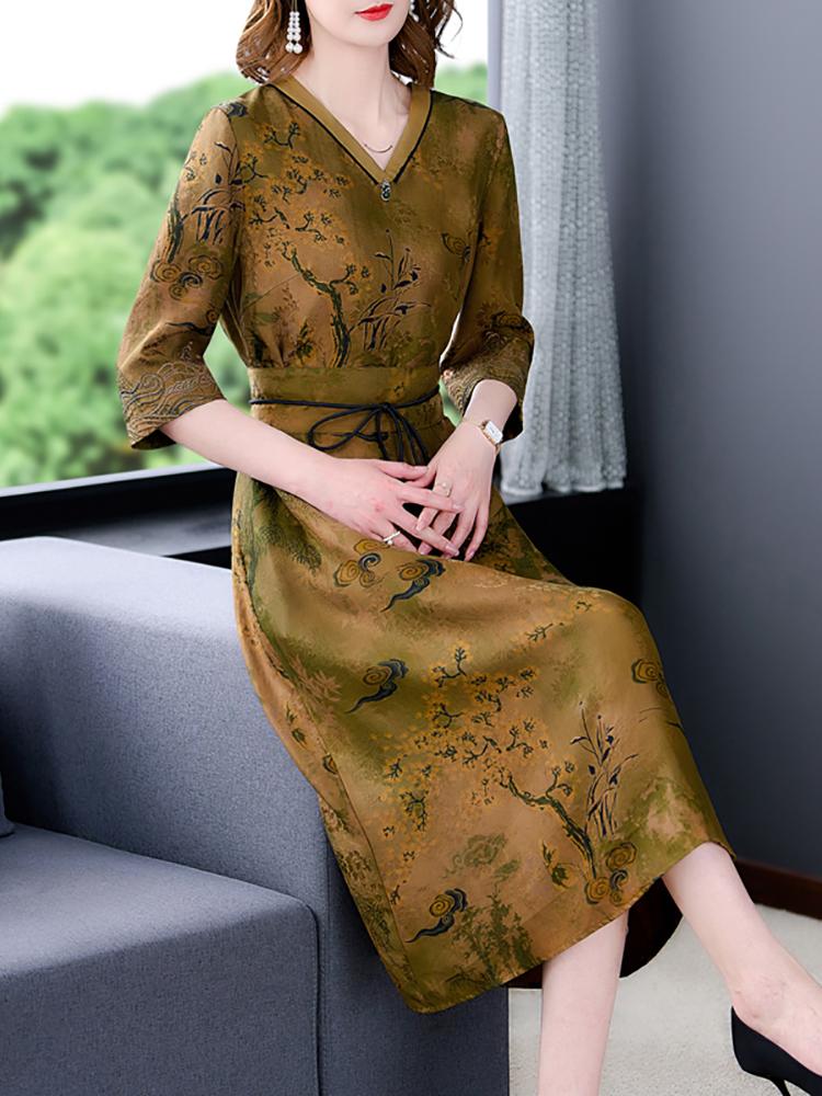 Dresses Black Print Silk Short Sleeve VNeck Formal Dress Women Spring Summer Elegant Bodycon Dress 2023 Korean Vintage Party Prom Dress