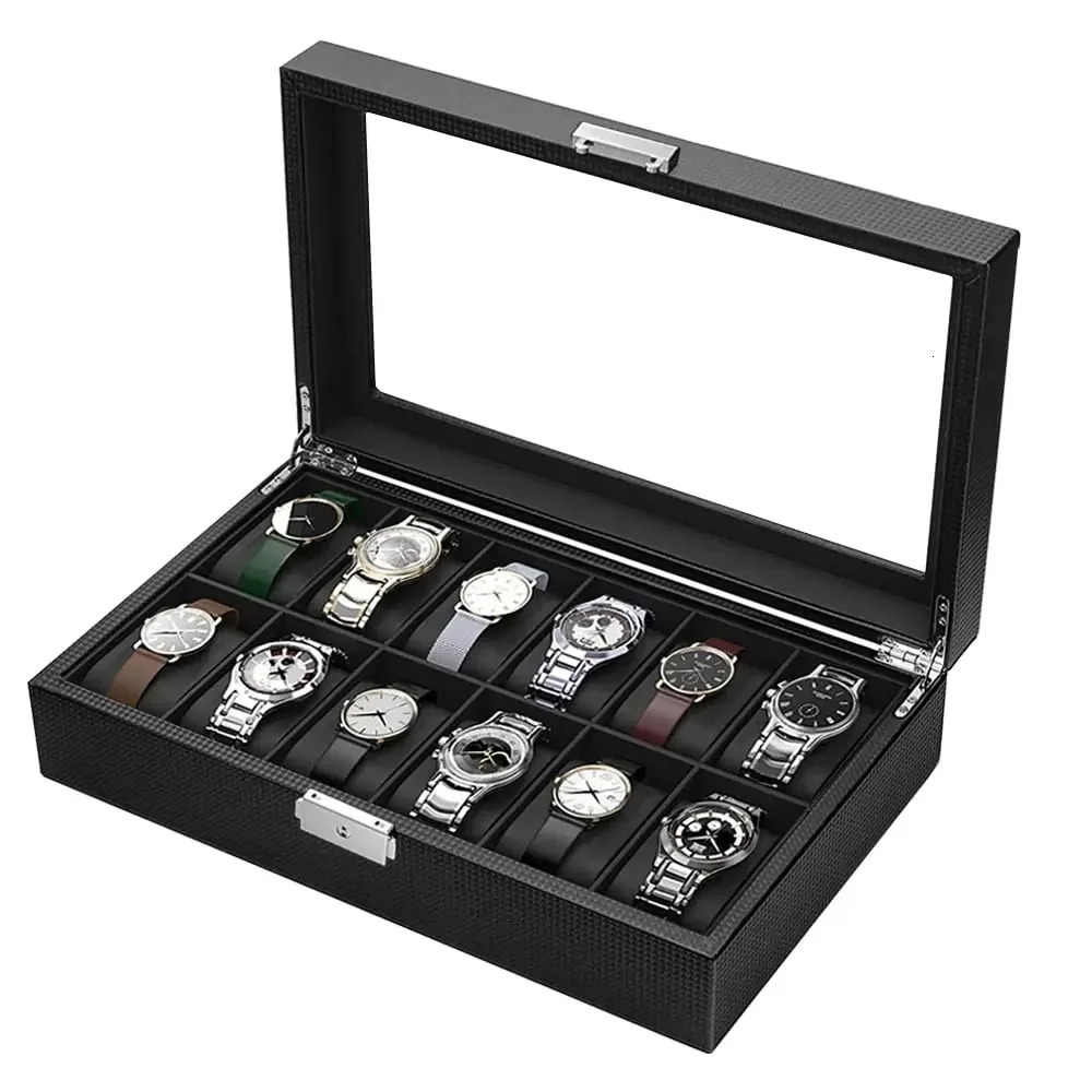 Watch Boxes Cases Watch Box 12/10/6 Slot Watch Box Organizer for Men Watch Display Case with Glass Topped for Gift Business Carbon Fiber Leather 23112