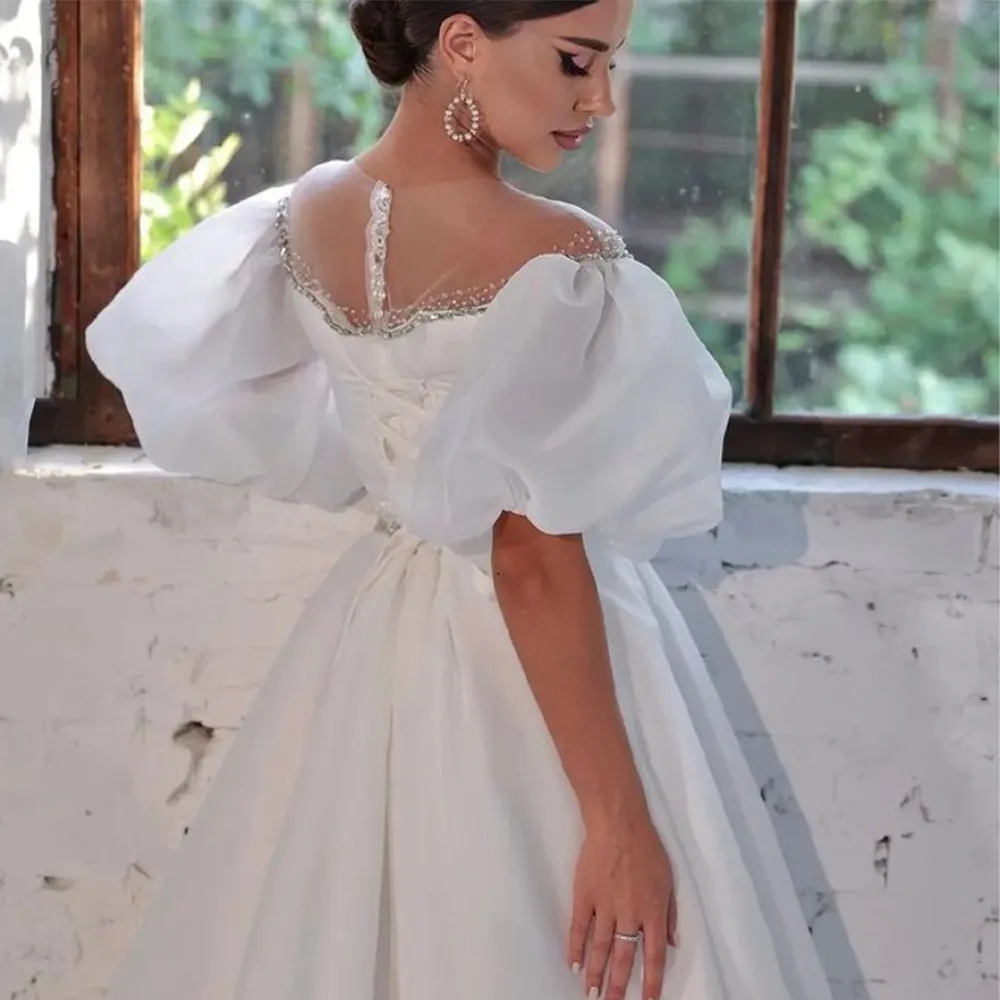 2024 A Line Wedding Dress Round Sheer Neck Short Puffy Sleeve Beading Organza Bridal Party Gowns Sweep Train Vestidos De Novia