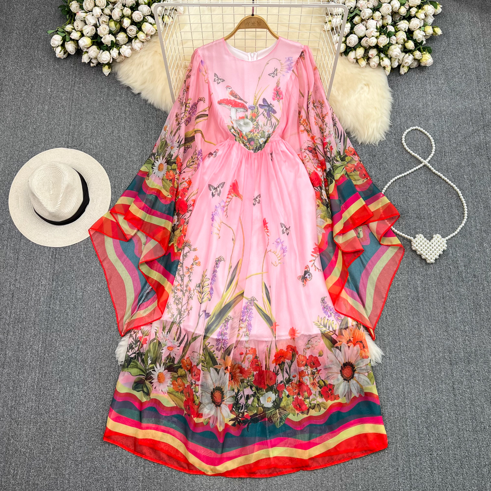 Casual Dresses Summer Pink Long Flowy Dress Women Runway Elegant Flare Sleeve High Street Animal Stripe Print Party Vestidos