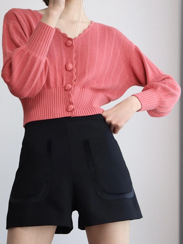 Womens Sweaters Autumn French Lantern Cuffs Wave Front Cotton Crocheted Pink Short Cardigan Women SweaterWomens