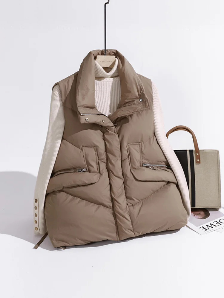 Womens Vests Janveny Womens Puffer Down Vest Loose Feather Waistcoat 90% Duck Down Thick Gilet Female Zipper Sleeveless Korean Style 231129