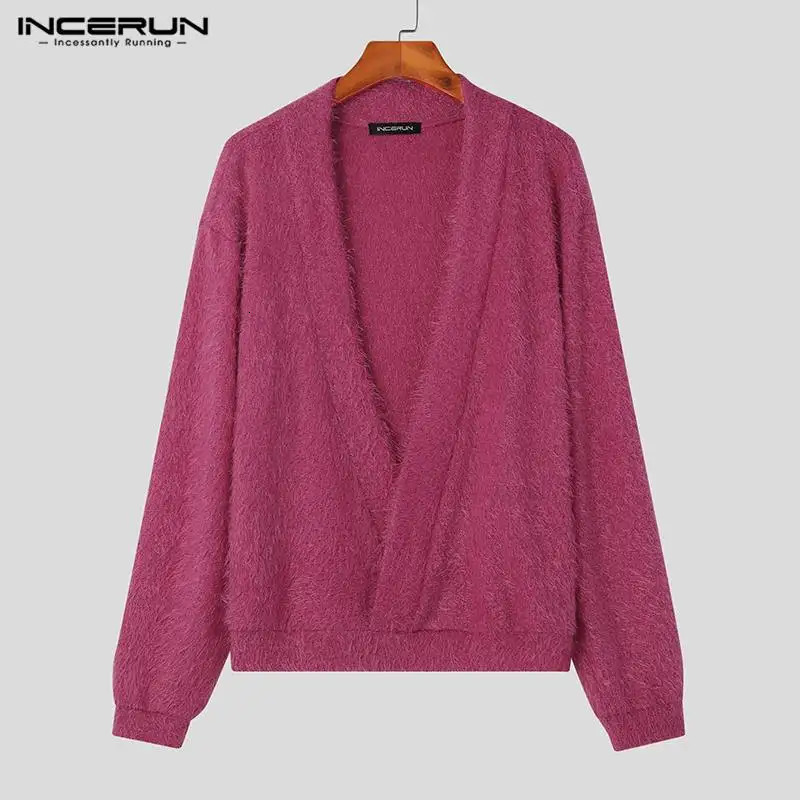 Men's Sweaters Fashion Well Fitting Tops INCERUN Plush Fabric Deep Vneck Pullovers Party Show Solid Long Sleeved Sweater S5XL 2023 231128