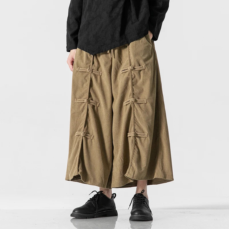 Men's Pants Chinese Style Retro Wide Leg Pants Men Loose Oversize Corduroy Casual Pants Men Harajuku Trousers Male Horn Casual Pants 231129