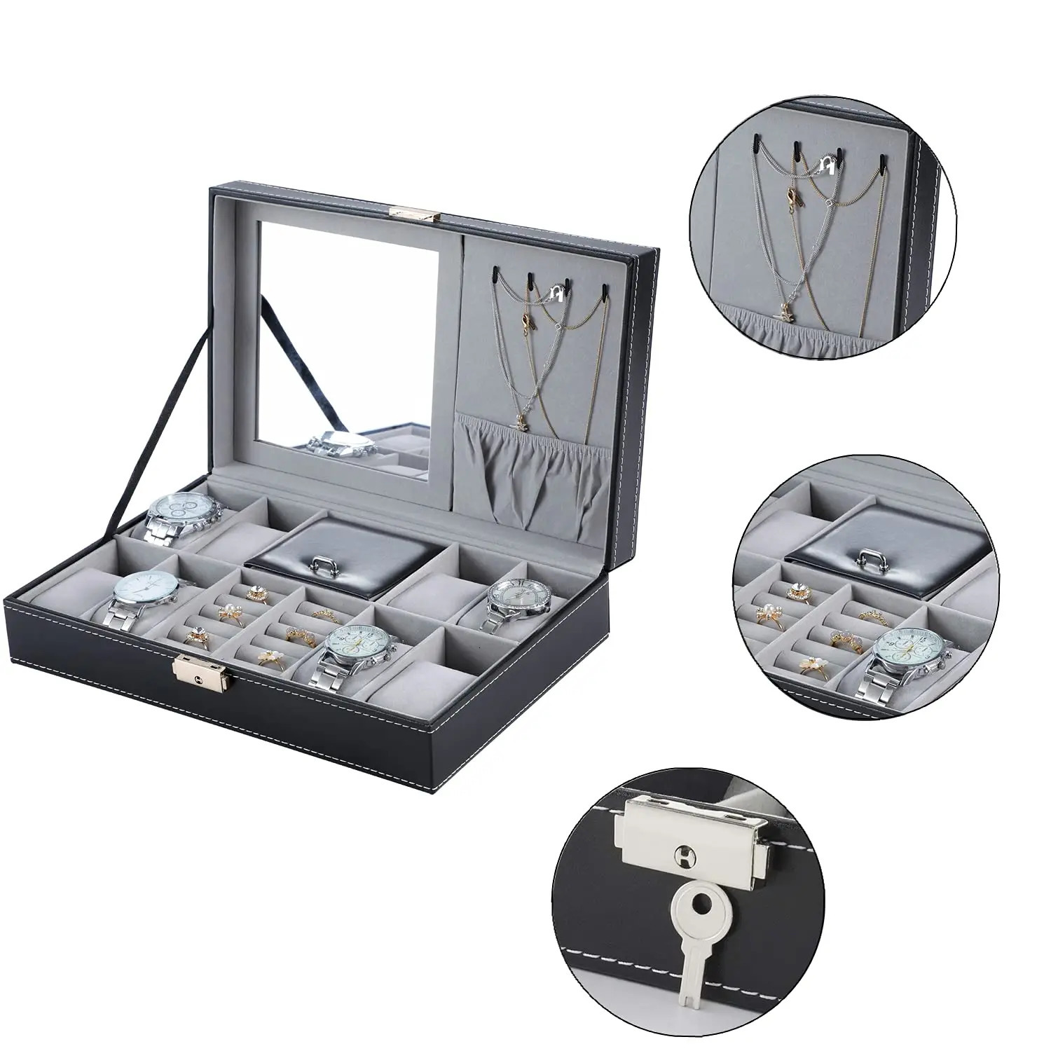 Watch Boxes Cases Lnofxas Watch Box 8 Jewelry Box Watch Display Case Organizer Jewelry Trey Storage Box Black PU Leather with Mirror and Lock 231128