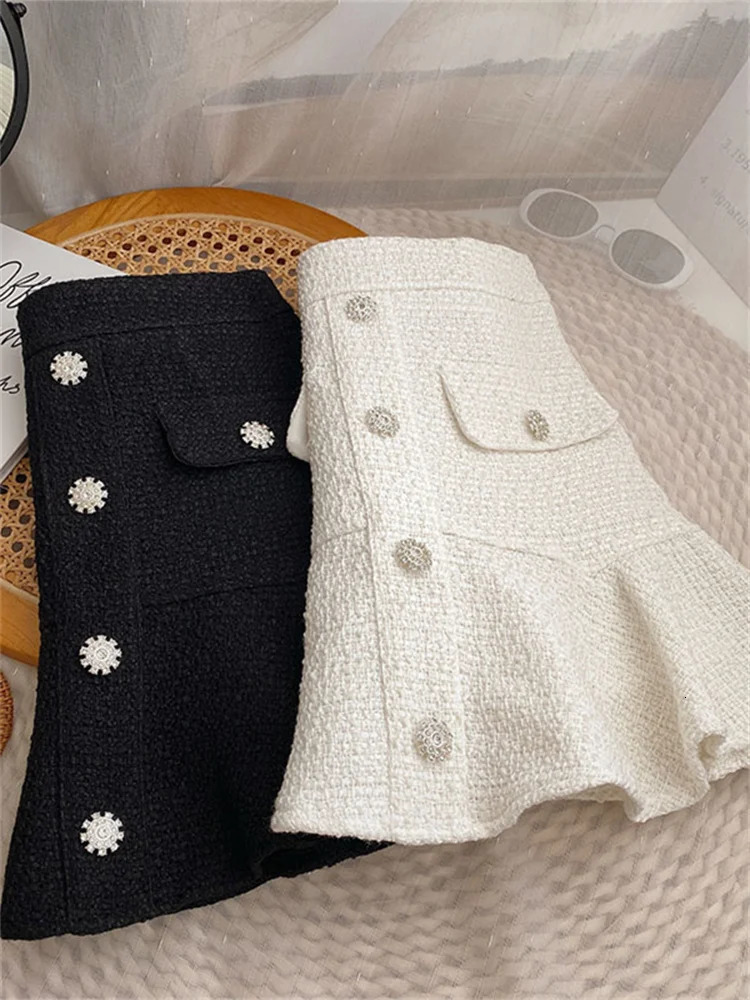 Skirts Yitimoky Tweed Skirts for Women High Waist White Skirt Autumn Winter Ruffles Korean Fashion Clothing Casual A-LINE Black 231129
