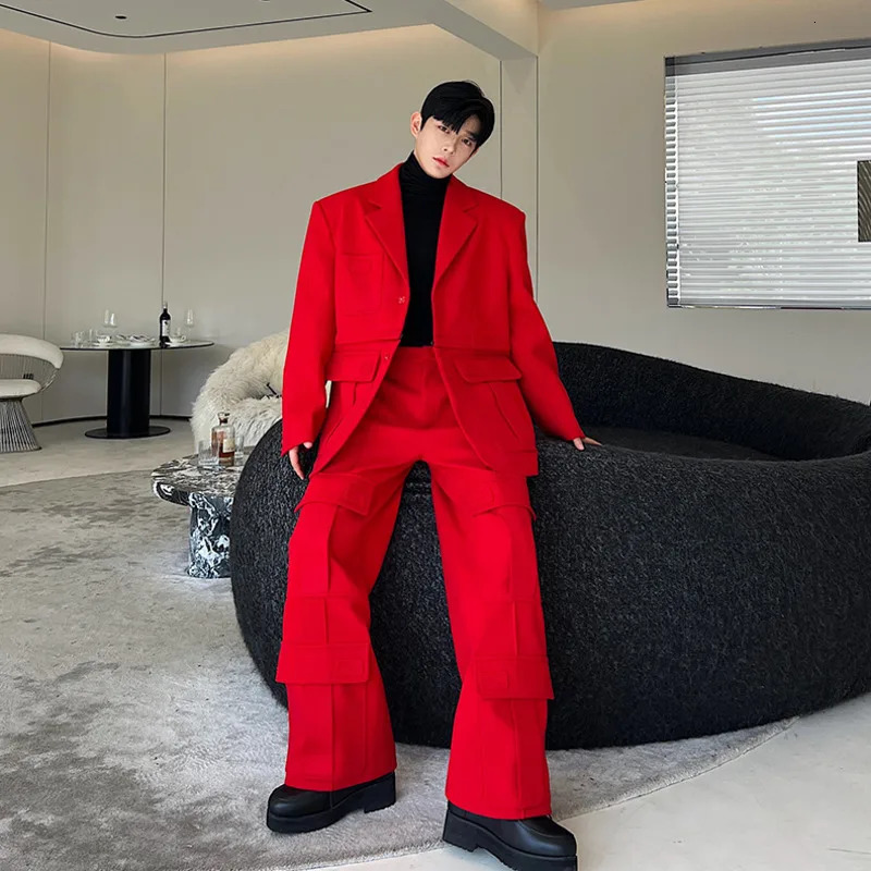 Men's Suits Blazers NOYMEI Korean Style Men's Two Pieces Cargo Suit Set Large Pocket Removable Heavy Fabric Wide Leg Pants Detachable Blazer