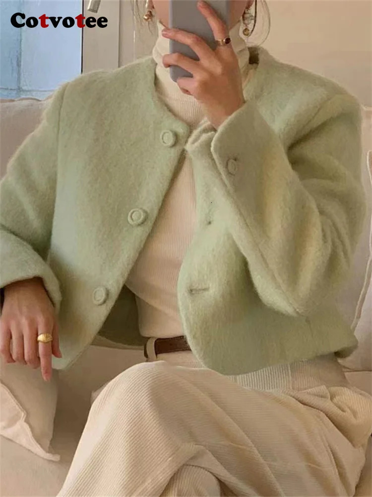 Women's Wool Blends Cotvotee Short Wool Coat for Women Autumn Winter 2023 Fashion Button Up O Neck Jackets Chic Long Sleeve Solid Casual Coats 23