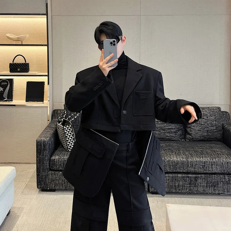 Men's Suits Blazers NOYMEI Korean Style Men's Two Pieces Cargo Suit Set Large Pocket Removable Heavy Fabric Wide Leg Pants Detachable Blazer