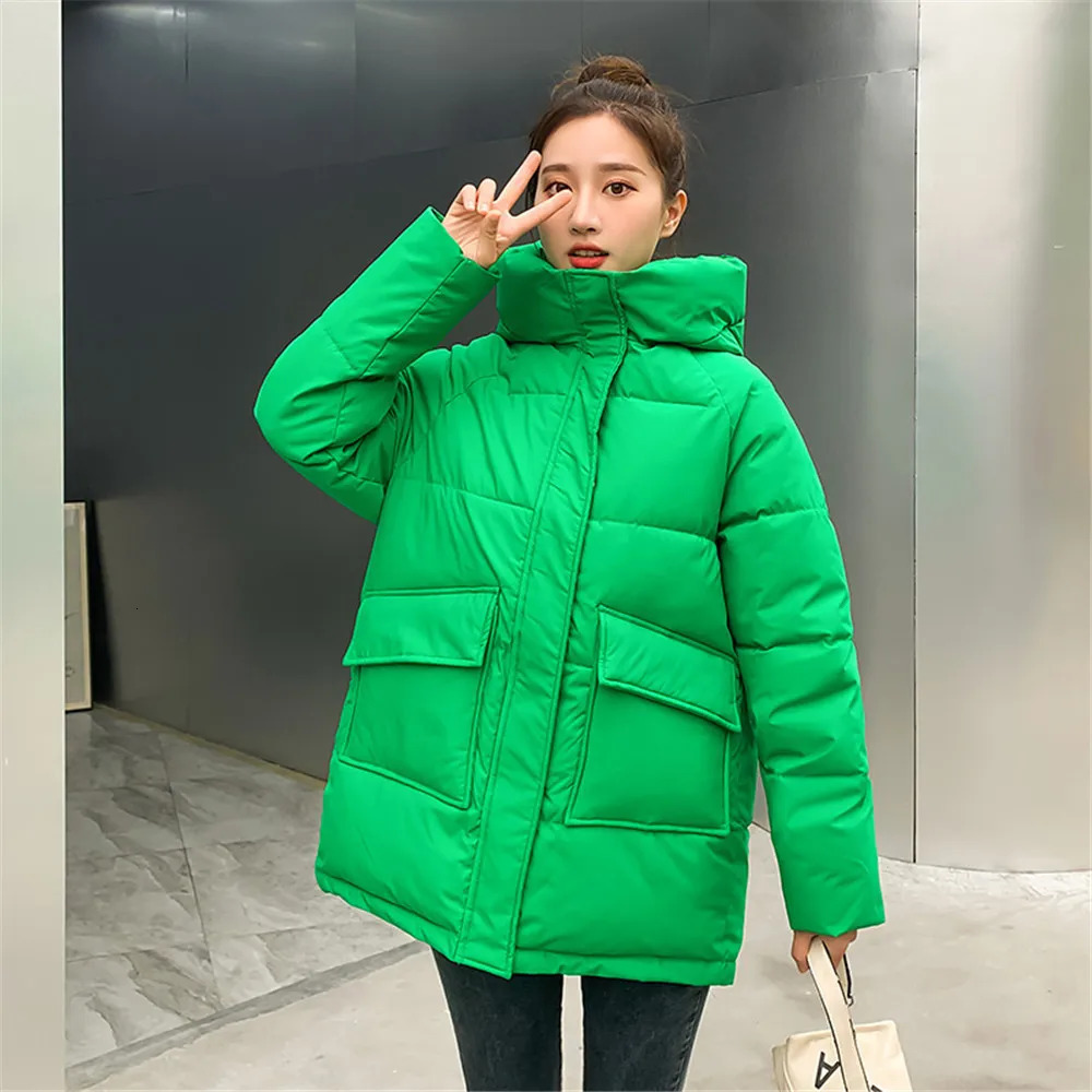 Women's Down Parkas Autumn Winter Thicken Warm Medium Long Parka Women Casual Solid Color Big Pocket Loose Hooded Coat Jackets Outwear Basic Tops