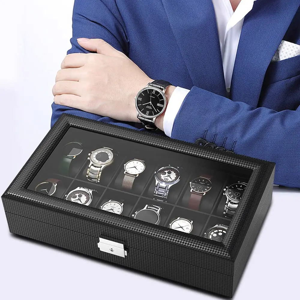 Watch Boxes Cases Watch Box 12/10/6 Slot Watch Box Organizer for Men Watch Display Case with Glass Topped for Gift Business Carbon Fiber Leather 23112