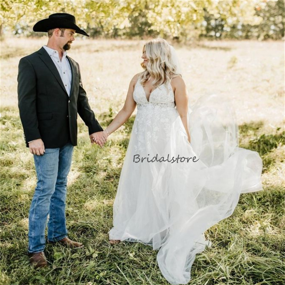 Spaghetti Straps Boho Wedding Dress Plus Size 2023 V Neck Backless Lace Bohemian Beach Bridal Gowns Civil Garden Country Bride Sexy Women Outdoor vest