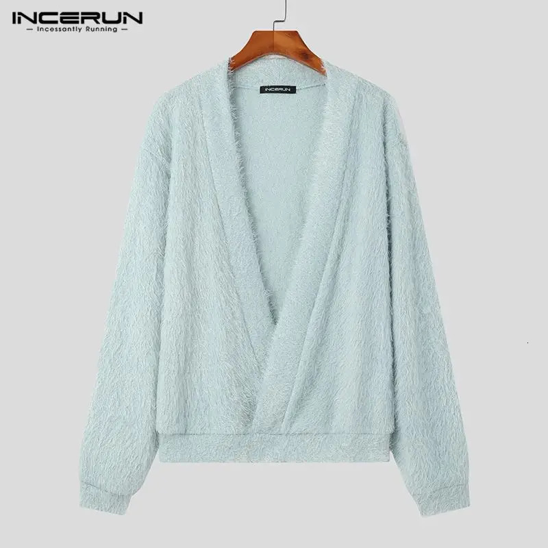 Men's Sweaters Fashion Well Fitting Tops INCERUN Plush Fabric Deep Vneck Pullovers Party Show Solid Long Sleeved Sweater S5XL 2023 231128