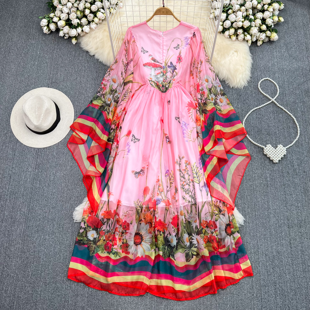 Casual Dresses Summer Pink Long Flowy Dress Women Runway Elegant Flare Sleeve High Street Animal Stripe Print Party Vestidos