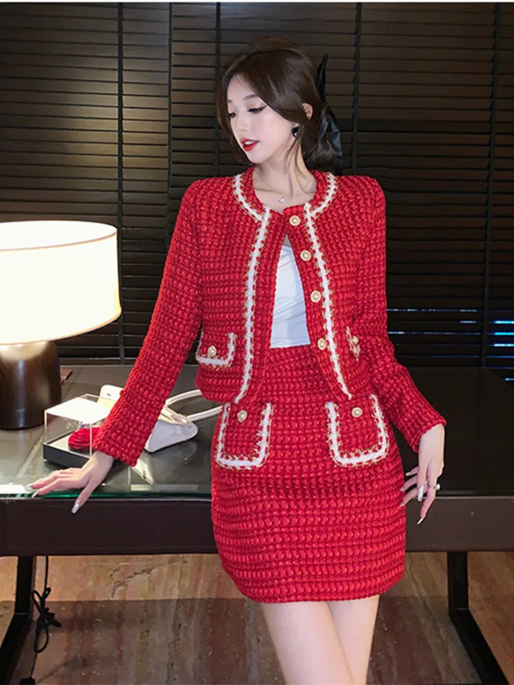 Two Piece Dress Autumn Winter Fashion Plaid Red Woolen Two Piece Set Women Pearls Single Breasted Fringed Tweed Jacket Coat Pocket Mini Skirt 231129