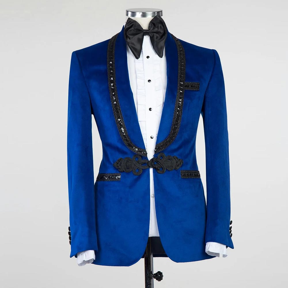 Royal Blue Velvet Wedding Tuxedos Slim Fit Mens Suits Sequined Shawl Lapel Blazers Knot Button Formal Suit Only Jacket