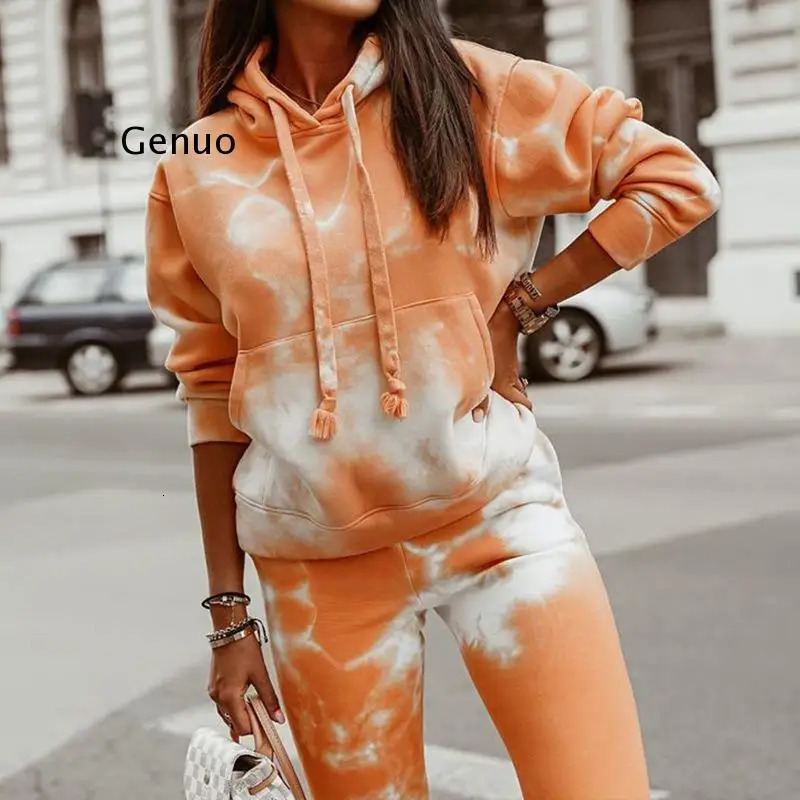 Womens Two Piece Pants 2piece marble tie dye sportswear and hooded sweatpants zippered jogger casual set 231129