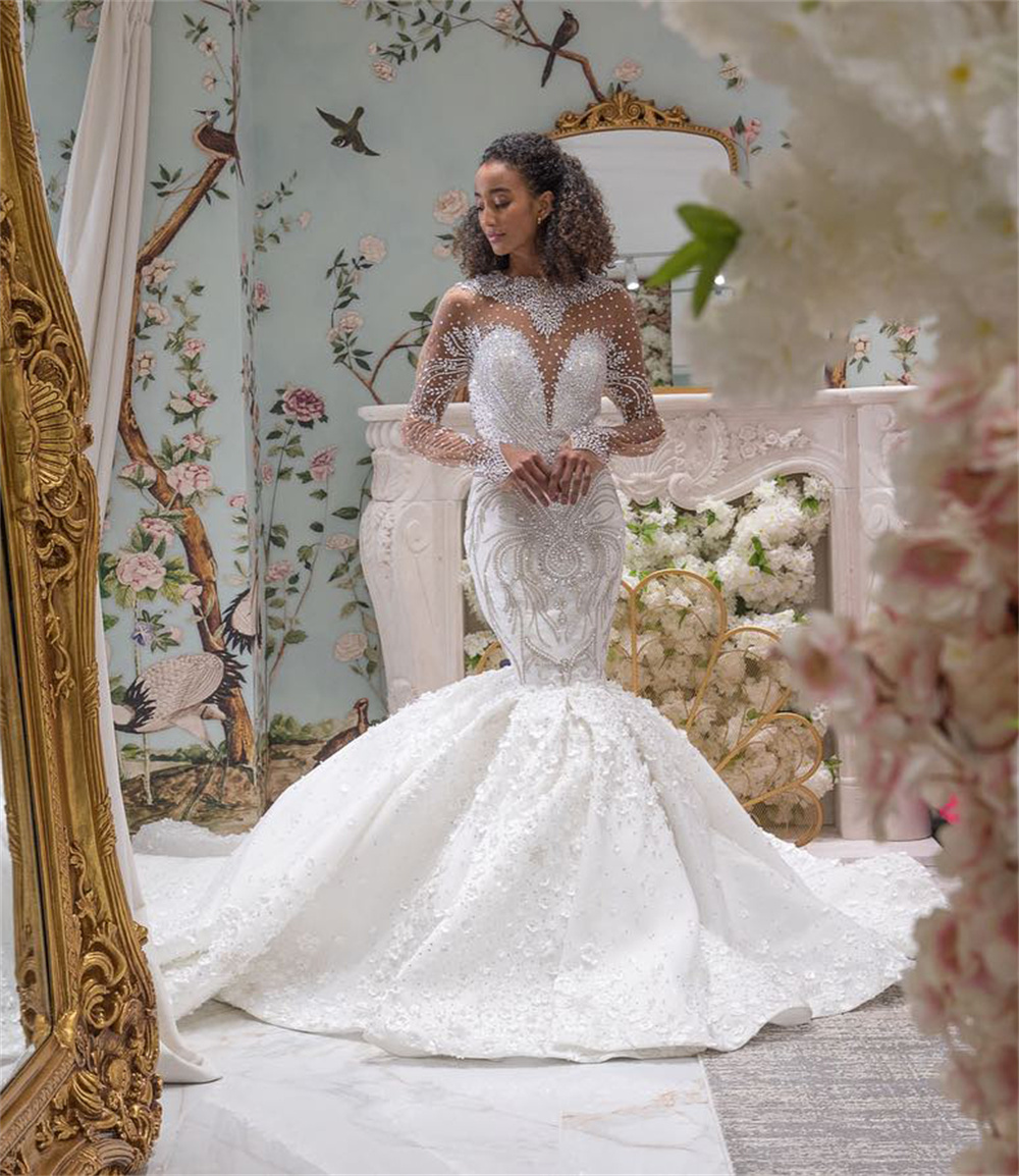Exquisite Crystal Beading Mermaid Wedding Dress Elegant O Neck Full Sleeve Arabic Trumpet Bridal Gowns Robe De Soiree