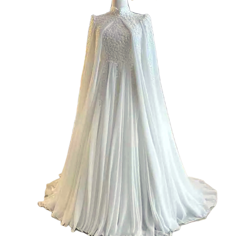 Elegant Arabic Muslim A Line Wedding Dresses With Cape Wrap 2024 Lace Appliques Long Sleeves High Neck Chiffon Women Wedding Gown Modest Dubai White V