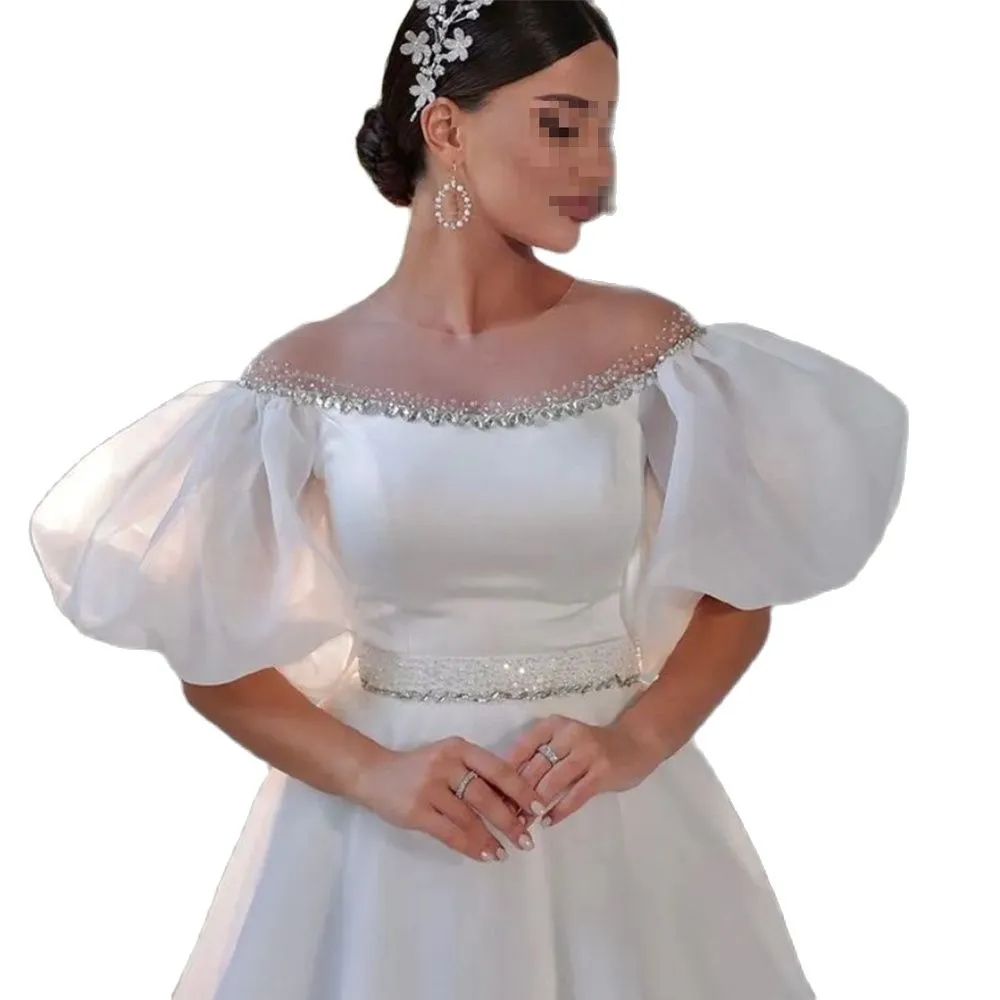 2024 A Line Wedding Dress Round Sheer Neck Short Puffy Sleeve Beading Organza Bridal Party Gowns Sweep Train Vestidos De Novia