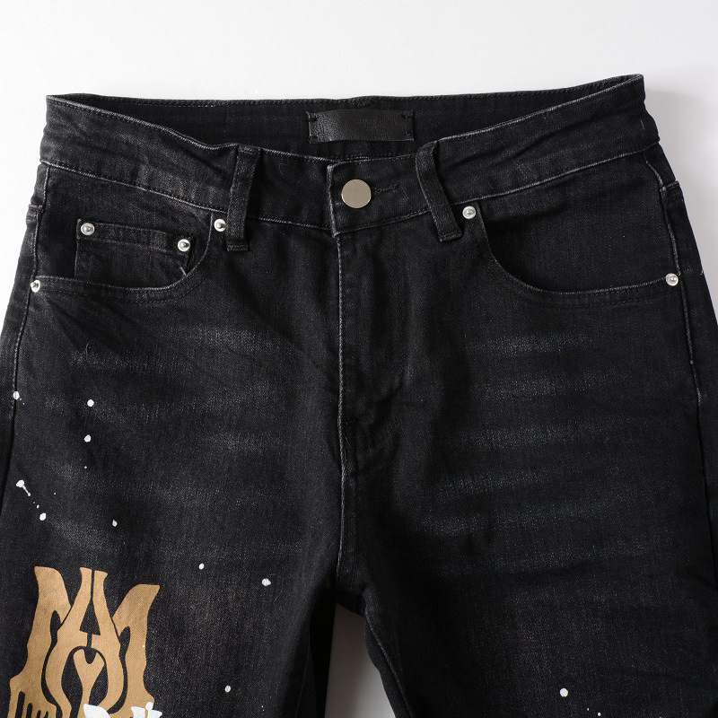 Fashion black men high street ripped skinny zipper fly amiryes spray paint dazzle letters jean