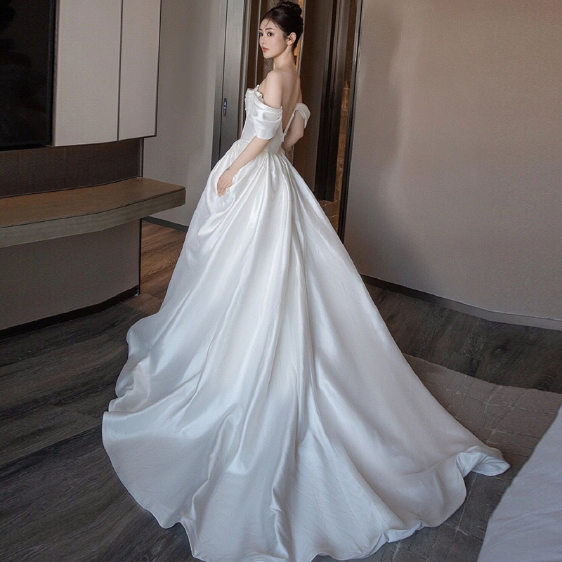 satin lace Crystal country wedding dresses 2023 african long train sexy off shoulder Arabic Satin church garden bridal reception gowns plus size boho 