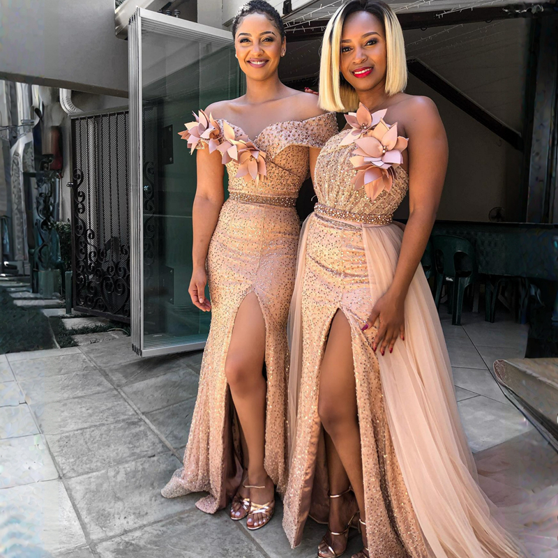 Mixed Style Mermaid Bridesmaid Dresses Dusty Pink Off Shoulder Beaded Split Layered Tulle Maid of Honor gowns for wedding Floor Length dress Hand Made