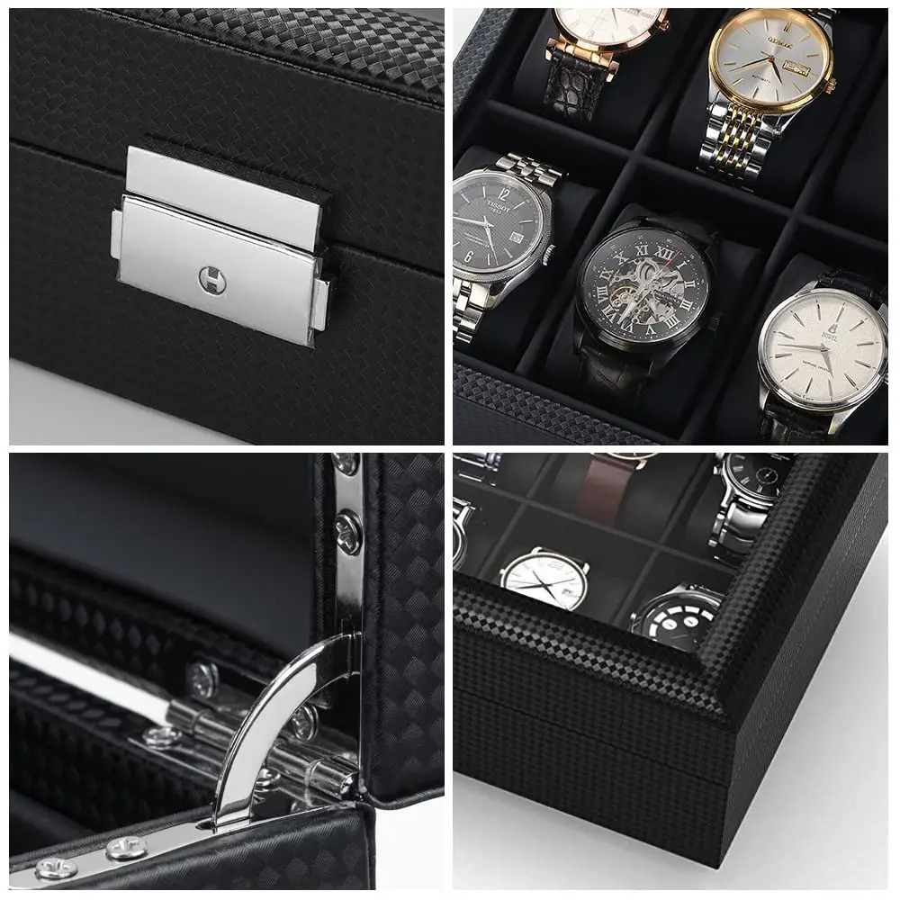 Watch Boxes Cases Watch Box 12/10/6 Slot Watch Box Organizer for Men Watch Display Case with Glass Topped for Gift Business Carbon Fiber Leather 23112