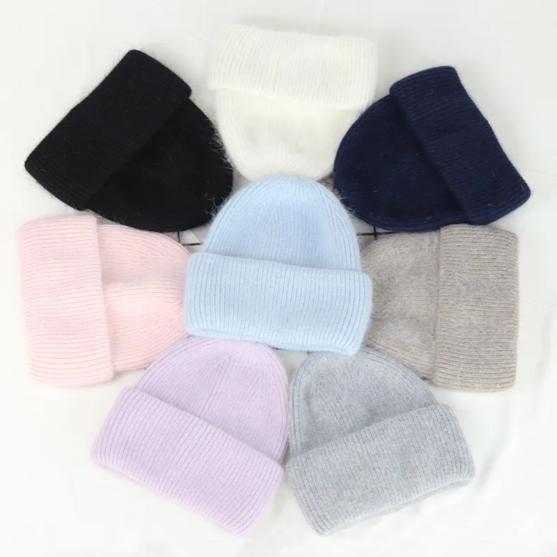 Wide Brim Hats Bucket Fashion Warm Cashmere Wool Skullies Angola Rabbit Fur Winter Knitted Beanie Cap Female Three Fold Ski Outdoor 231128