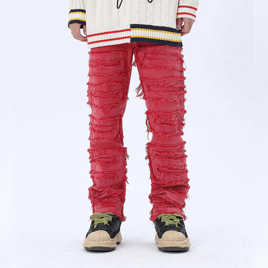 Men's Distressed Straight Denim Jeans Ripped, Loose Fit, Casual Hip Hop Style - Trend B1