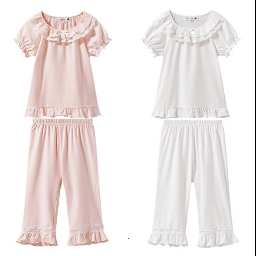 Pajamas 2 Colors Summer Kid Girl Lolita Cotton Lace Pajama Set.Toddler Baby Short Sleeve Pyjamas Set Cute Sleepwear.Children's Clothing 231124
